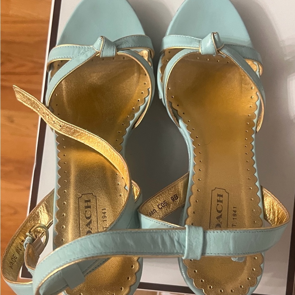 Coach Women's Light Blue and Gold Wedge Sandals - Picture 4 of 10